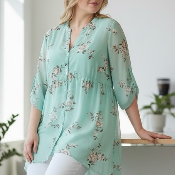 torrid Dresses & Skirts - Torrid Mint Floral Hi-Low Button Front Tunic | Flowy & Feminine | Size 2 (2X)